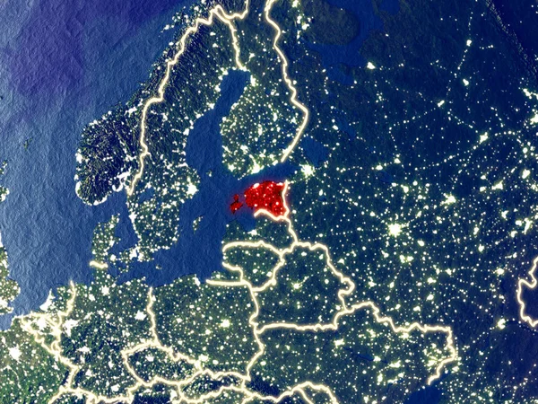 Estonya gece dünyanın uzaydan. Parlak şehir ışıkları ile plastik gezegen yüzeyinin çok ince ayrıntı. 3D çizim. Nasa tarafından döşenmiş bu görüntü unsurları.