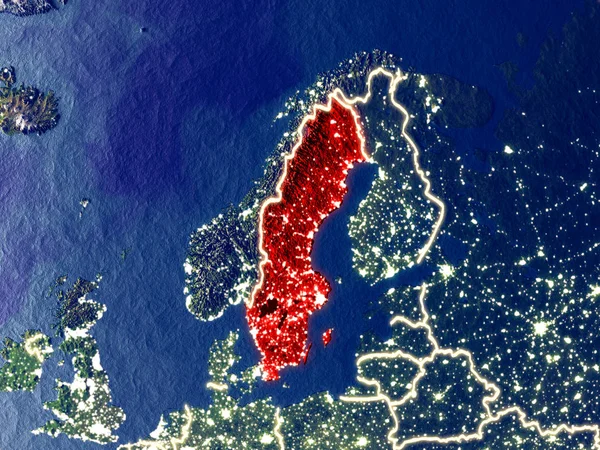 İsveç gece dünyanın uzaydan. Parlak şehir ışıkları ile plastik gezegen yüzeyinin çok ince ayrıntı. 3D çizim. Nasa tarafından döşenmiş bu görüntü unsurları.