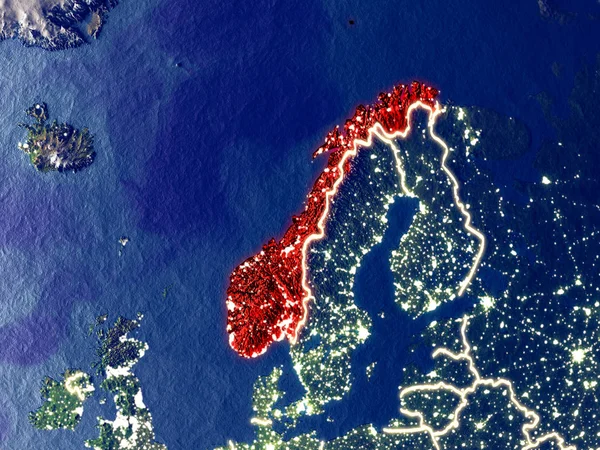 Norveç gece dünyanın uzaydan. Parlak şehir ışıkları ile plastik gezegen yüzeyinin çok ince ayrıntı. 3D çizim. Nasa tarafından döşenmiş bu görüntü unsurları.