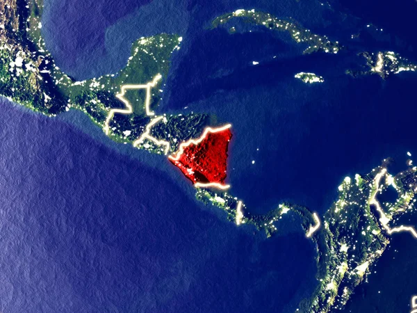 Nikaragua gece dünyanın uzaydan. Parlak şehir ışıkları ile plastik gezegen yüzeyinin çok ince ayrıntı. 3D çizim. Nasa tarafından döşenmiş bu görüntü unsurları.