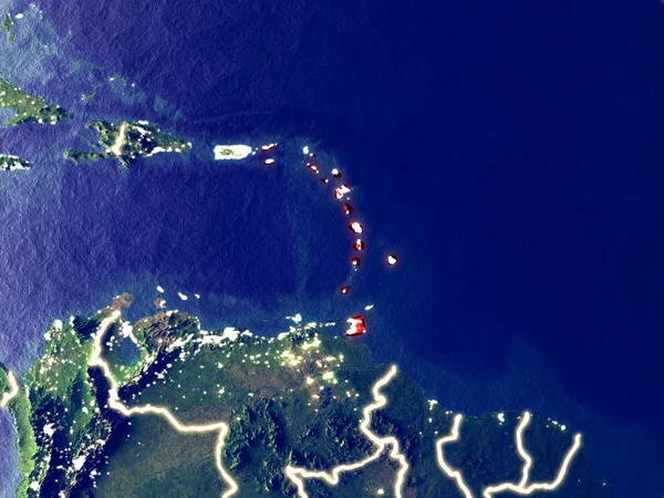 加勒比在地球上的太空在夜间 非常精细的细节的塑料行星表面与明亮的城市灯光 美国宇航局提供的这张图片的元素 — 图库照片