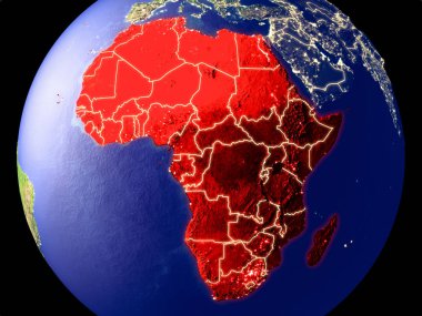 Afrika gece dünyanın uzaydan. Parlak şehir ışıkları ile plastik gezegen yüzeyinin çok ince ayrıntı. 3D çizim. Nasa tarafından döşenmiş bu görüntü unsurları.