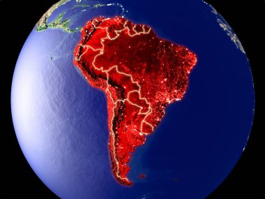 Güney Amerika gece dünyanın uzaydan. Parlak şehir ışıkları ile plastik gezegen yüzeyinin çok ince ayrıntı. 3D çizim. Nasa tarafından döşenmiş bu görüntü unsurları.