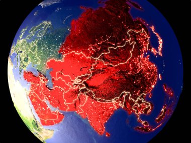 Asya gece dünyanın uzaydan. Parlak şehir ışıkları ile plastik gezegen yüzeyinin çok ince ayrıntı. 3D çizim. Nasa tarafından döşenmiş bu görüntü unsurları.