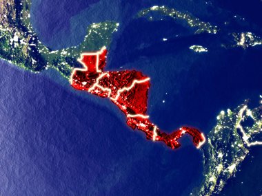 Orta Amerika gece dünyanın uzaydan. Parlak şehir ışıkları ile plastik gezegen yüzeyinin çok ince ayrıntı. 3D çizim. Nasa tarafından döşenmiş bu görüntü unsurları.