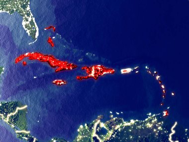 Karayipler gece dünyanın uzaydan. Parlak şehir ışıkları ile plastik gezegen yüzeyinin çok ince ayrıntı. 3D çizim. Nasa tarafından döşenmiş bu görüntü unsurları.