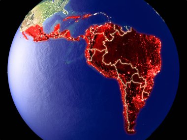 Latin Amerika gece dünyanın uzaydan. Parlak şehir ışıkları ile plastik gezegen yüzeyinin çok ince ayrıntı. 3D çizim. Nasa tarafından döşenmiş bu görüntü unsurları.