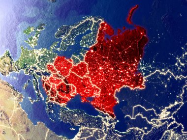 Doğu Avrupa gece dünyanın uzaydan. Parlak şehir ışıkları ile plastik gezegen yüzeyinin çok ince ayrıntı. 3D çizim. Nasa tarafından döşenmiş bu görüntü unsurları.