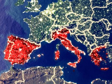 Güney Avrupa gece dünyanın uzaydan. Parlak şehir ışıkları ile plastik gezegen yüzeyinin çok ince ayrıntı. 3D çizim. Nasa tarafından döşenmiş bu görüntü unsurları.