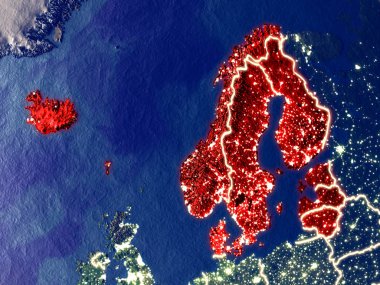 Kuzey Avrupa gece dünyanın uzaydan. Parlak şehir ışıkları ile plastik gezegen yüzeyinin çok ince ayrıntı. 3D çizim. Nasa tarafından döşenmiş bu görüntü unsurları.