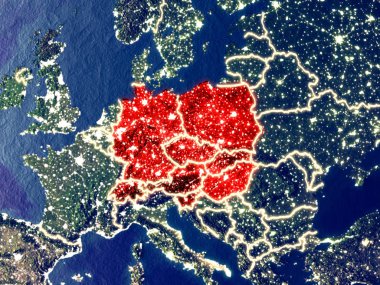 Orta Avrupa gece dünyanın uzaydan. Parlak şehir ışıkları ile plastik gezegen yüzeyinin çok ince ayrıntı. 3D çizim. Nasa tarafından döşenmiş bu görüntü unsurları.