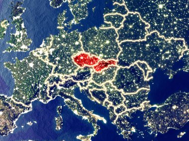 Eski Çekoslovakya gece dünyanın uzaydan. Parlak şehir ışıkları ile plastik gezegen yüzeyinin çok ince ayrıntı. 3D çizim. Nasa tarafından döşenmiş bu görüntü unsurları.