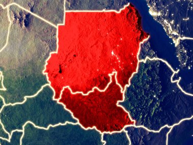 Eski Sudan gece dünyanın uzaydan. Parlak şehir ışıkları ile plastik gezegen yüzeyinin çok ince ayrıntı. 3D çizim. Nasa tarafından döşenmiş bu görüntü unsurları.