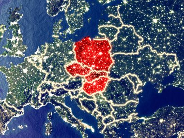 Gece dünyanın uzaydan Visegrad Grubu. Parlak şehir ışıkları ile plastik gezegen yüzeyinin çok ince ayrıntı. 3D çizim. Nasa tarafından döşenmiş bu görüntü unsurları.