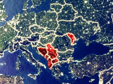 CEFTA ülkeler geceleri dünyanın uzaydan. Parlak şehir ışıkları ile plastik gezegen yüzeyinin çok ince ayrıntı. 3D çizim. Nasa tarafından döşenmiş bu görüntü unsurları.