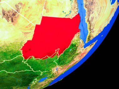 Sudan Planet Earth ülke sınırları ve son derece detaylı gezegenin yüzeyi ile. 3D çizim. Nasa tarafından döşenmiş bu görüntü unsurları.