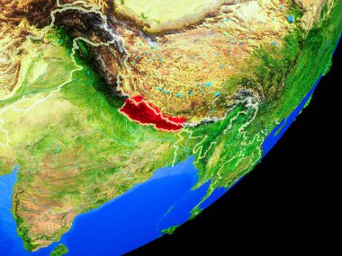 Nepal Planet Earth ülke sınırları ve son derece detaylı gezegenin yüzeyi ile. 3D çizim. Nasa tarafından döşenmiş bu görüntü unsurları.