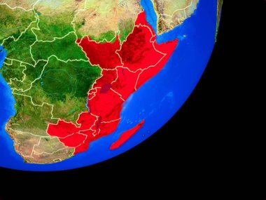 Planet Earth ülke sınırları ve son derece detaylı gezegenin yüzeyi ile Doğu Afrika. 3D çizim. Nasa tarafından döşenmiş bu görüntü unsurları.