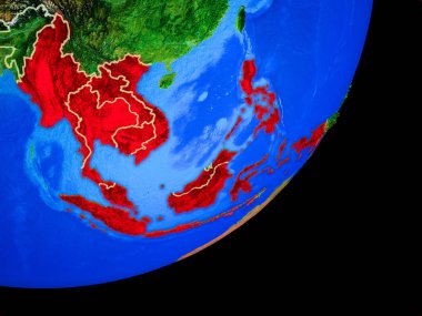 ASEAN ülkeleri Planet Earth ülke sınırları ve son derece detaylı gezegenin yüzeyi ile. 3D çizim. Nasa tarafından döşenmiş bu görüntü unsurları.