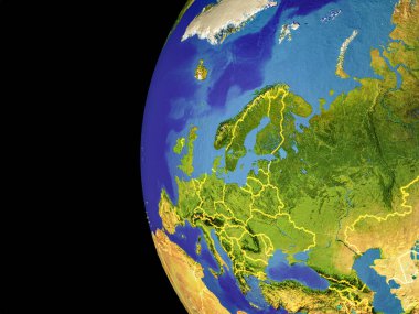 Avrupa ülke sınırları ile uzaydan uydu görüntüsü. Çok detaylı gezegenin yüzey ve mavi okyanuslar. 3D çizim. Nasa tarafından döşenmiş bu görüntü unsurları.