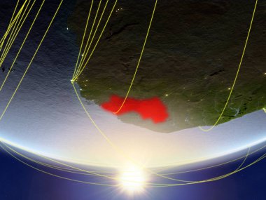 Gine Sunrise temsil eden seyahat ve iletişim ağı ile Dünya gezegeninin modeli. 3D çizim. Nasa tarafından döşenmiş bu görüntü unsurları.