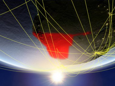 Namibya Sunrise temsil eden seyahat ve iletişim ağı ile Dünya gezegeninin modeli. 3D çizim. Nasa tarafından döşenmiş bu görüntü unsurları.