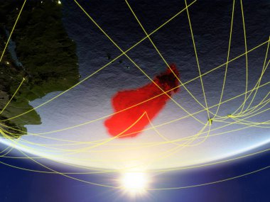 Madagaskar Sunrise temsil eden seyahat ve iletişim ağı ile Dünya gezegeninin modeli. 3D çizim. Nasa tarafından döşenmiş bu görüntü unsurları.