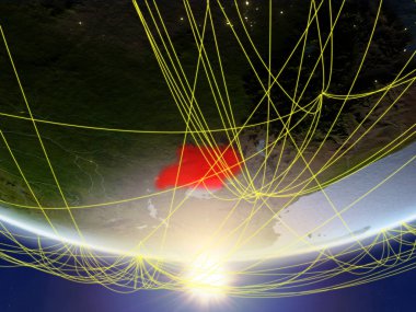 Uganda Sunrise temsil eden seyahat ve iletişim ağı ile Dünya gezegeninin modeli. 3D çizim. Nasa tarafından döşenmiş bu görüntü unsurları.