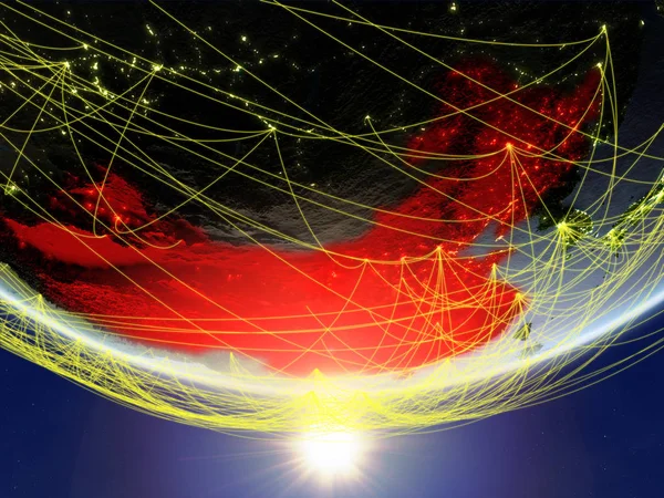 China on model of planet Earth in sunrise with network representing travel and communication. 3D illustration. Elements of this image furnished by NASA.