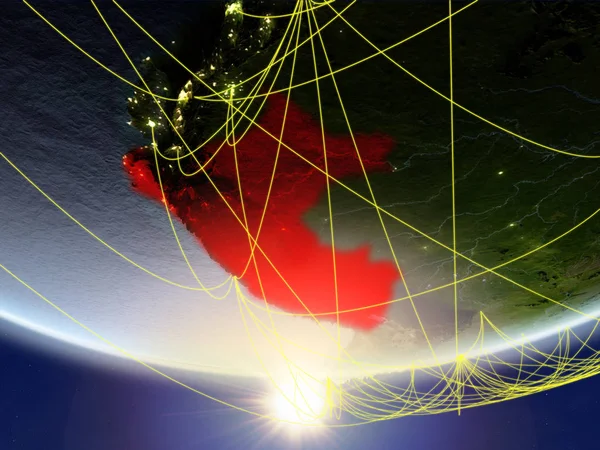 Перу Моделі Планети Земля Сході Сонця Мережею Представляють Подорожей Комунікацій — стокове фото