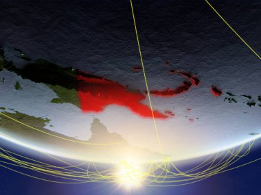 Papua Yeni Gine Sunrise temsil eden seyahat ve iletişim ağı ile Dünya gezegeninin modeli. 3D çizim. Nasa tarafından döşenmiş bu görüntü unsurları.