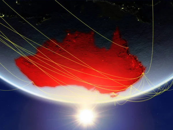 Australia on model of planet Earth in sunrise with network representing travel and communication. 3D illustration. Elements of this image furnished by NASA.
