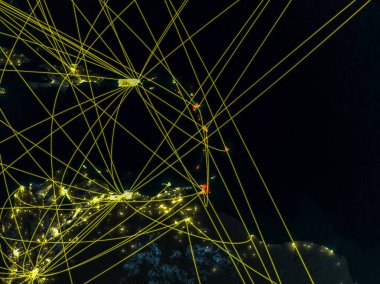 Karayipler modeli bir gece ağlar ile dünya gezegeni uzaydan. Şehir ışıkları ile detaylı gezegen yüzeyinde. 3D çizim. Nasa tarafından döşenmiş bu görüntü unsurları.