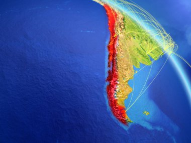 Şili modeli bir ağ ile dünya gezegeni uzaydan. Dijital teknoloji, bağlantılar ve seyahat kavramı. 3D çizim. Nasa tarafından döşenmiş bu görüntü unsurları.