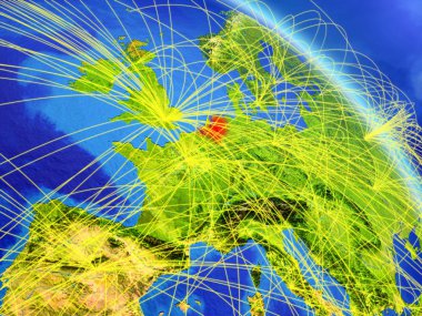 Hollanda modeli bir ağ ile dünya gezegeni uzaydan. Dijital teknoloji, bağlantılar ve seyahat kavramı. 3D çizim. Nasa tarafından döşenmiş bu görüntü unsurları.