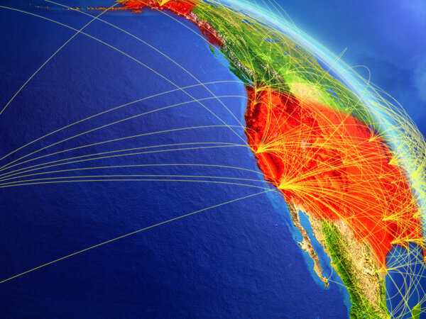 USA from space on model of planet Earth with network. Concept of digital technology, connectivity and travel. 3D illustration. Elements of this image furnished by NASA.