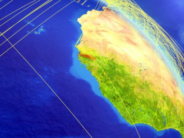 Gambiya modeli bir ağ ile dünya gezegeni uzaydan. Dijital teknoloji, bağlantılar ve seyahat kavramı. 3D çizim. Nasa tarafından döşenmiş bu görüntü unsurları.