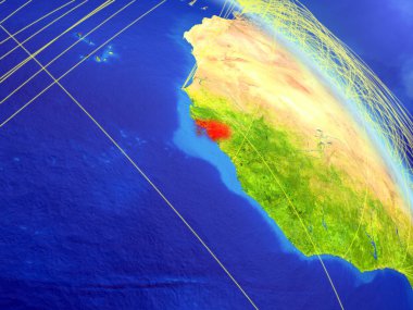 Gine-Bissau modeli bir ağ ile dünya gezegeni uzaydan. Dijital teknoloji, bağlantılar ve seyahat kavramı. 3D çizim. Nasa tarafından döşenmiş bu görüntü unsurları.