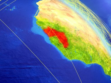 Gine modeli bir ağ ile dünya gezegeni uzaydan. Dijital teknoloji, bağlantılar ve seyahat kavramı. 3D çizim. Nasa tarafından döşenmiş bu görüntü unsurları.