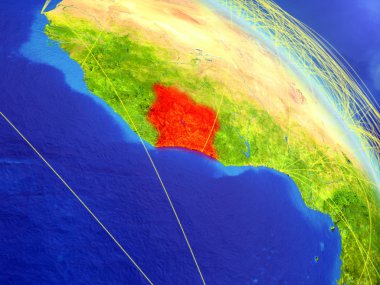 Fildişi Sahili modeli bir ağ ile dünya gezegeni uzaydan. Dijital teknoloji, bağlantılar ve seyahat kavramı. 3D çizim. Nasa tarafından döşenmiş bu görüntü unsurları.