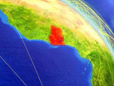 Gana modeli bir ağ ile dünya gezegeni uzaydan. Dijital teknoloji, bağlantılar ve seyahat kavramı. 3D çizim. Nasa tarafından döşenmiş bu görüntü unsurları.