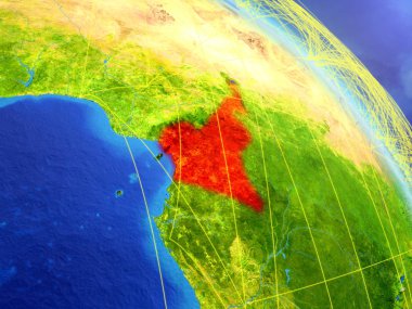 Kamerun modeli bir ağ ile dünya gezegeni uzaydan. Dijital teknoloji, bağlantılar ve seyahat kavramı. 3D çizim. Nasa tarafından döşenmiş bu görüntü unsurları.