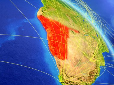 Namibya modeli bir ağ ile dünya gezegeni uzaydan. Dijital teknoloji, bağlantılar ve seyahat kavramı. 3D çizim. Nasa tarafından döşenmiş bu görüntü unsurları.