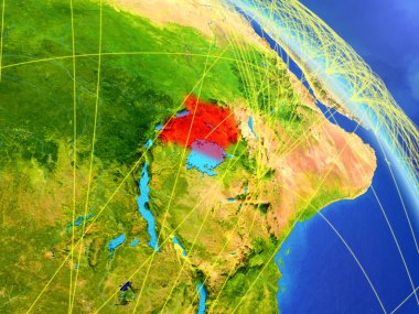 Uganda modeli bir ağ ile dünya gezegeni uzaydan. Dijital teknoloji, bağlantılar ve seyahat kavramı. 3D çizim. Nasa tarafından döşenmiş bu görüntü unsurları.