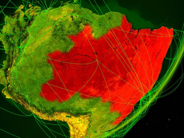 巴西在绿色模型上的行星地球与网络在夜间 数字技术 通信和旅行的概念 美国宇航局提供的这张图片的元素 — 图库照片