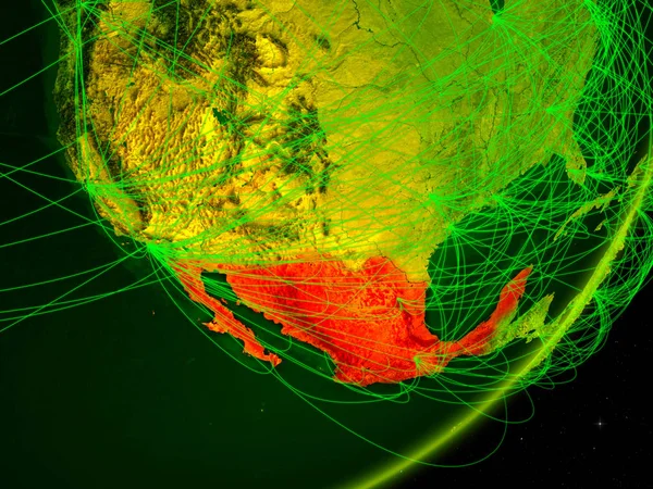 Мексика Зеленой Модели Планеты Земля Сетью Ночью Концепция Цифровых Технологий — стоковое фото
