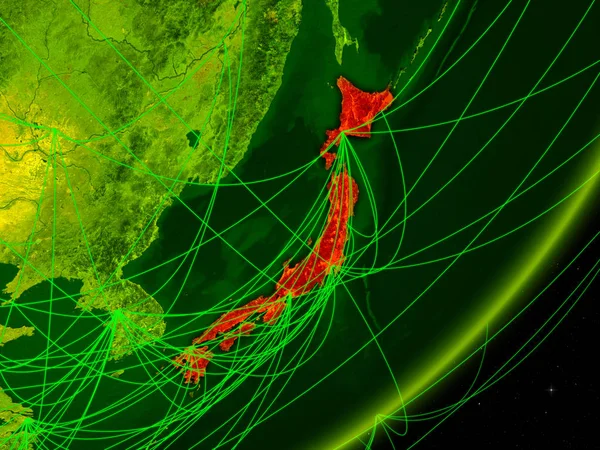 Japan on green model of planet Earth with network at night. Concept of digital technology, communication and travel. 3D illustration. Elements of this image furnished by NASA.