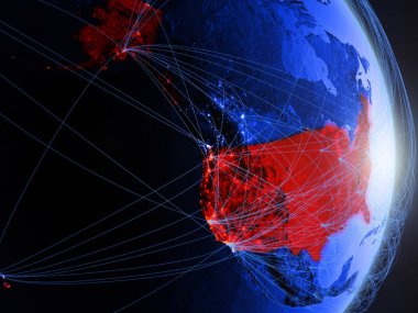 ABD mavi dijital Planet Earth ile ağ. Bağlantı, seyahat ve iletişim kavramı. 3D çizim. Nasa tarafından döşenmiş bu görüntü unsurları.