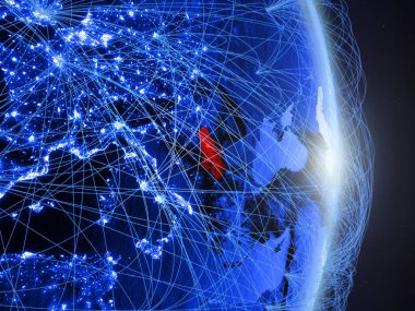 Sırbistan mavi dijital Planet Earth ile ağ. Bağlantı, seyahat ve iletişim kavramı. 3D çizim. Nasa tarafından döşenmiş bu görüntü unsurları.