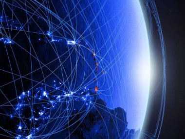 Karayipler mavi dijital Planet Earth ile ağ. Bağlantı, seyahat ve iletişim kavramı. 3D çizim. Nasa tarafından döşenmiş bu görüntü unsurları.